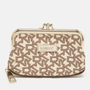 DKNY Beige/Brown Signature Canvas Kisslock Frame Coin Purse