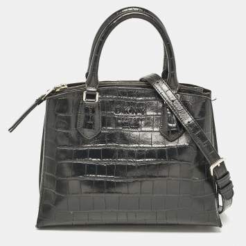 Pre Owned DKNY Black Croc Embossed Leather Logo Satchel