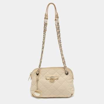 Pre Owned DKNY Light Beige Quilted Leather Small Zip Shoulder Bag