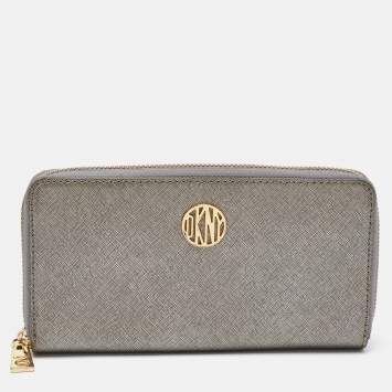 DKNY Metallic Grey Saffiano Leather Logo Zip Around Wallet