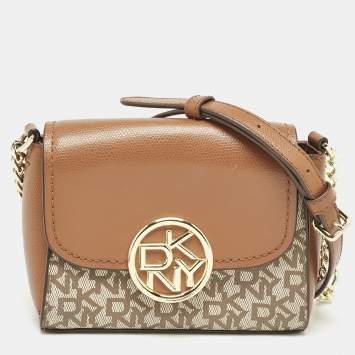 Pre Owned DKNY Beige/Brown Signature Coated Canvas and Leather Crossbody Bag