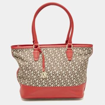 Pre Owned DKNY Red/Beige Signature Canvas and Leather Zip Tote