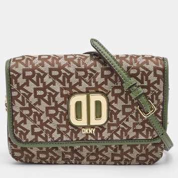 Pre Owned DKNY Beige/Green Canvas and Leather Delphine Crossbody Bag