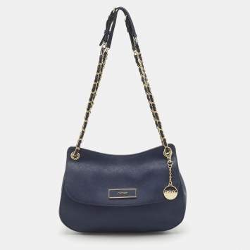 Pre Owned DKNY Navy Blue Leather Chain Flap Shoulder Bag