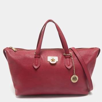 Pre Owned Dkny Red Leather Top Zip Tote