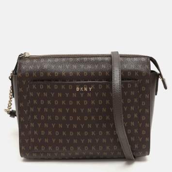 Pre Owned DKNY Brown Signature Coated Canvas Ava Zip Crossbody Bag
