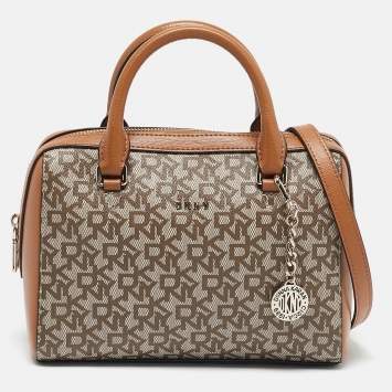 DKNY Tan/Beige Signature Coated Canvas Bryant Boston Bag