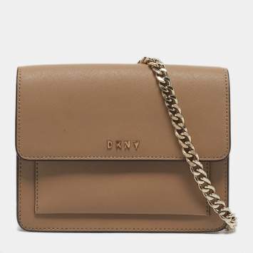 Pre Owned DKNY Beige Leather Flap Chain Crossbody Bag