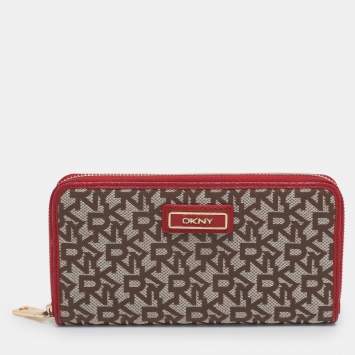 DKNY Beige/Red Canvas and Leather Zip Around Wallet