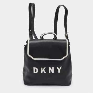 Pre Owned DKNY Black Leather Logo Print Jade Flap Backpack 
