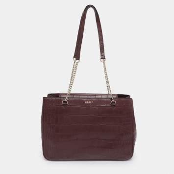 Pre Owned DKNY Burgundy Croc Embossed Leather Chain Tote