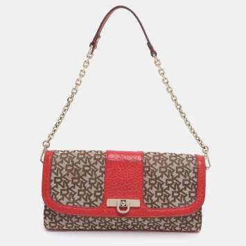 Pre Owned DKNY Beige/Red Canvas and Leather Chain Shoulder Bag