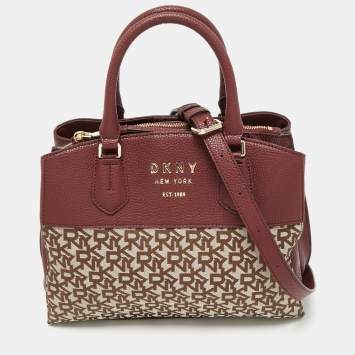 Pre Owned DKNY Burgundy/Beige Signature Canvas and Leather Triple Compartment Satchel