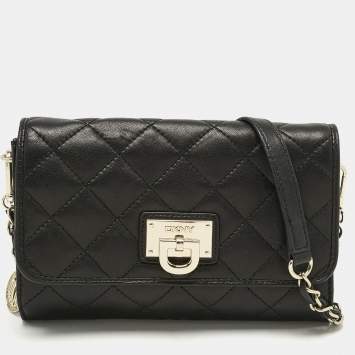 DKNY Black Quilted Leather Flap Chain Crossbody Bag
