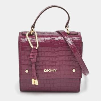 Pre Owned DKNY Burgundy Croc Embossed Leather Flap Top Handle Bag