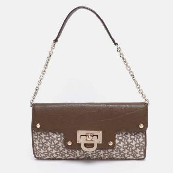 DKNY Brown/Beige Signature Canvas And Leather Chain Shoulder Bag