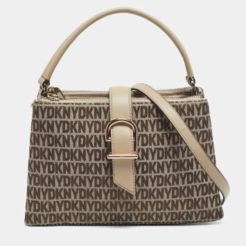 Pre Owned DKNY Beige Signature Canvas and Leather Deena Top Handle Bag