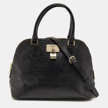 Pre Owned DKNY Black Pebbled Leather Padlock Dome Satchel