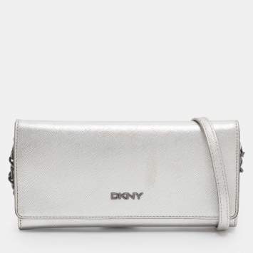 Pre Owned DKNY Flap Silver Leather Wallet On Chain