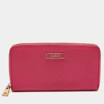 Pre Owned DKNY Pink Leather Logo Zip Continental Wallet
