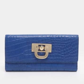 مملوكة مسبقًا DKNY Blue Croc Embossed Leather Trifold Wallet