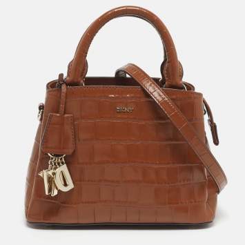 مملوكة مسبقًا Dkny Paige Brown Croc Embossed Leather Tote
