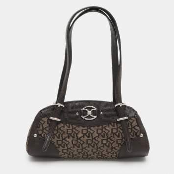 مملوكة مسبقًا DKNY Brown Signature Canvas And Lizard Embossed Leather Satchel