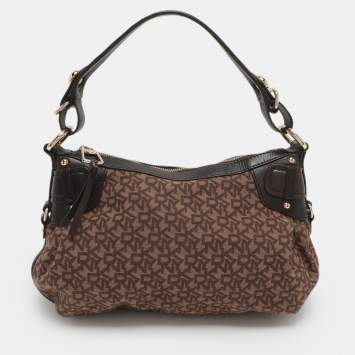 Pre Owned DKNY Brown Signature Canvas and Leather Hobo