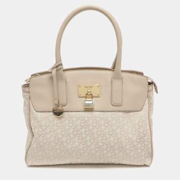 مملوكة مسبقًا Dkny Heritage Lock Light Beige Signature Canvas and Leather Tote