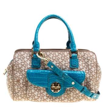 Pre Owned DKNY Beige/Blue Signature Canvas and Croc Embossed Leather Satchel