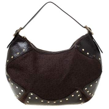 مملوكة مسبقًا DKNY Brown Signature Fabric and Leather Studded Hobo