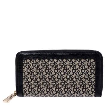 Pre Owned DKNY Beige/Black Canvas and Leather Zip Around Wallet