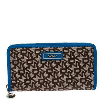 Pre Owned Dkny Beige/Blue Signature Canvas Zip Around Wallet
