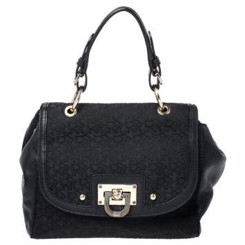 Pre Owned DKNY Black Signature Canvas and Leather Flap Lock Top Handle Bag