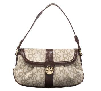 Pre Owned DKNY Beige/Brown Signature Canvas and Croc Embossed Leather Baguette