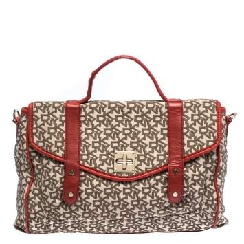 Pre Owned DKNY Red/Brown Monogram Canvas Satchel