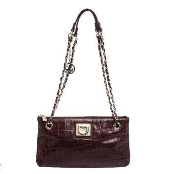 Pre Owned Dkny Burgundy Croc Embossed Leather Chain Shoulder Bag