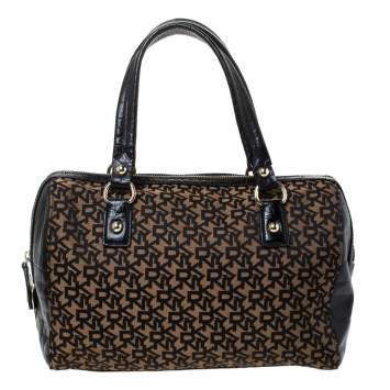 Pre Owned Dkny Brown/Black Canvas and Croc Embossed Leather Boston Bag 