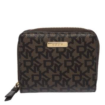 Pre Owned Dkny Brown Monogram Coated Canvas Zip Around Compact Wallet
