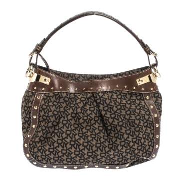 Pre Owned Dkny Brown/Black Signature Canvas and Leather Studded Hobo