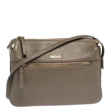 Pre Owned DKNY Brown Leather Front Zip Crossbody Bag