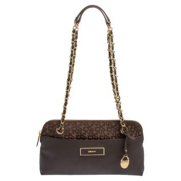 Pre Owned Dkny Brown Signature Canvas and Leather Chain Shoulder Bag