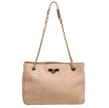 Pre Owned Dkny Peach Python Embossed Leather Chain Tote