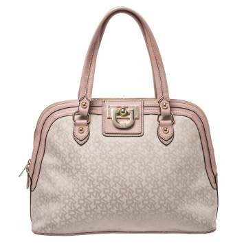 Pre Owned Dkny Pink/Beige Signature Canvas and Leather Dome Satchel 