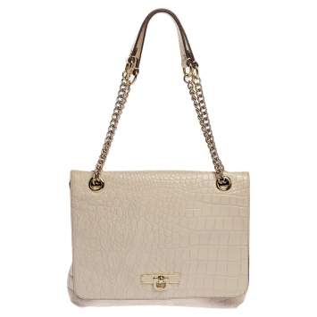 Pre Owned Dkny White Croc Embossed Leather Flap Shoulder Bag