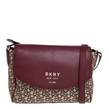 Pre Owned DKNY Burgundy/Beige Signature Canvas and Leather Noho Flap Shoulder Bag