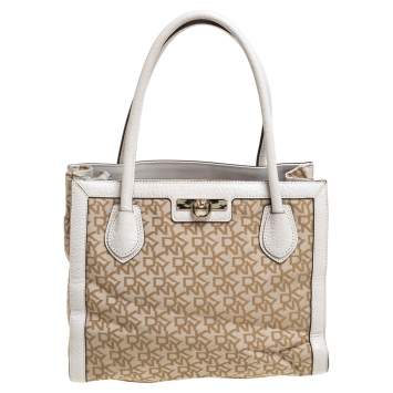 Pre Owned DKNY Beige Signature Canvas and Leather Zip Tote
