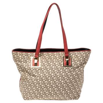 Pre Owned Dkny Beige/Red Signature Canvas and Leather Zip Tote