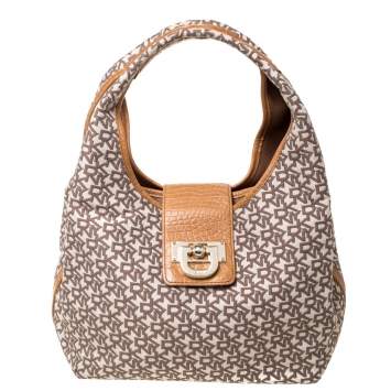 Pre Owned Dkny Beige/Brown Signature Canvas and Leather Shoulder Bag