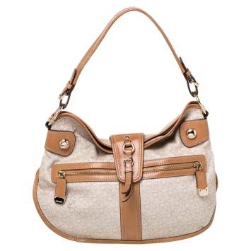 Pre Owned Dkny Beige/Tan Signature Canvas and Leather Hobo